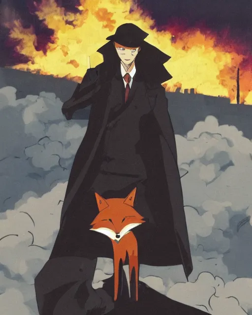 Image similar to a fox in a black trench - coat, smoking a cigarette in front of a huge explosion in the middle of a war, style of anime