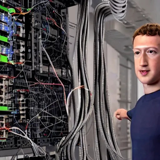 Prompt: Mark Zuckerberg revealing his very detailed and complex cybernetic enhancements faceplate lifting from his,arms revealing cables and metal frame ,raytracing, very detailed, 4k, cinematic lighting,