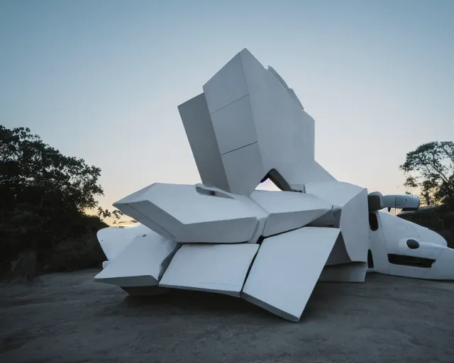 Image similar to photo of white minimalist abstract cubist sculpture of curvy spaceship with random small mecha mayan decorations, covered with few large white airplane parts with windows and doors, gigantic size, sunset lighting with car parked under it