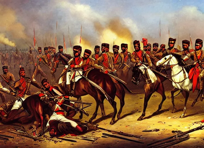 Prompt: cawnpore battle scene sepoy mutiny 1 8 5 7, indian rebellion against british east india company, highly detailed realistic vibrant colors oil painting
