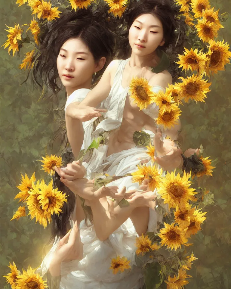 Image similar to character concept portrait of the sunflower goddess, an beautiful east-asian deity that channels sunlight and brings joy, intricate, elegant, digital painting, concept art, smooth, sharp focus, illustration, from Metal Gear, by Ruan Jia and Mandy Jurgens and William-Adolphe Bouguereau, Artgerm