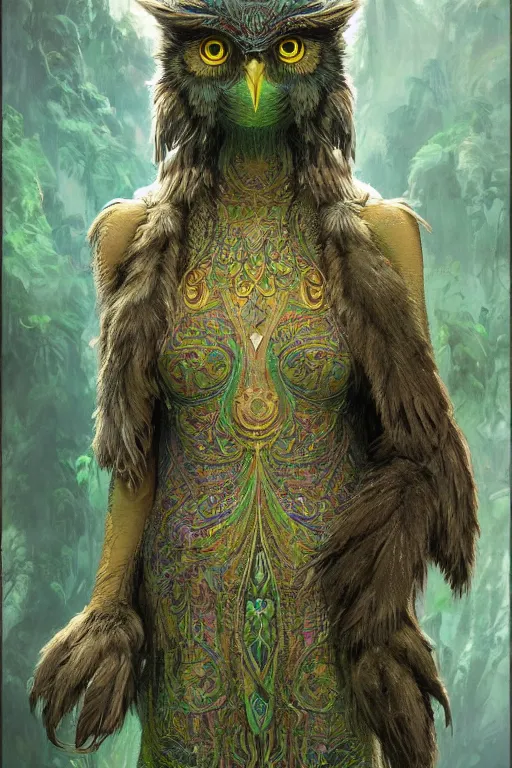 Image similar to a beautiful upper body shot from a fantasy film of a humanoid iridescent green owlbear wearing a loose tunic. an anthropomorphic owlbear. fantasy, frown, intricate, elegant, highly detailed, digital painting, artstation, concept art, matte, sharp focus, illustration, art by artgerm and greg rutkowski and alphonse mucha