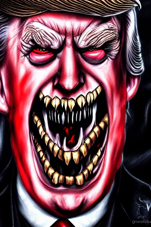Image similar to donald trump dracula, fangs, character portrait, close up, concept art, intricate details, hyper realistic, in the style of otto dix and h. r giger