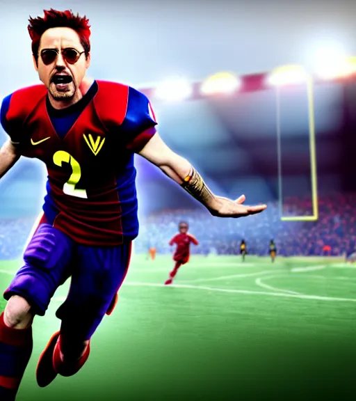 Prompt: screenshoot of robert downey jr as football player on fifa 2 2 pc gameplay, celebrate goal, hyperdetailed ultrasharp octane render