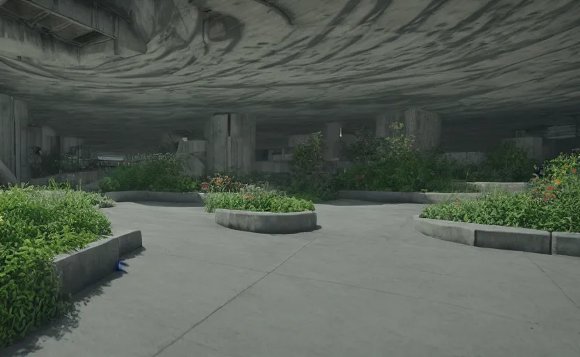 Image similar to screenshot of game on unreal engine 5, in a liminal underground garden, photorealistic, retrofuturism, brutalism, staggered terraces, minimalist, soft vintage glow