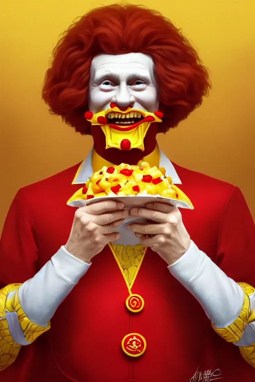 Image similar to vladimir putin as ronald mcdonald, 2 d portrait, symmetrical, highly detailed, digital painting, artstation, concept art, smooth, sharp focus, illustration, cinematic lighting, art by artgerm and greg rutkowski and alphonse mucha