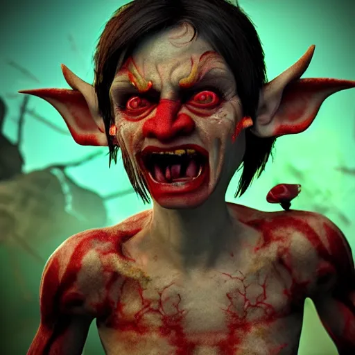 Prompt: a cute, enraged elf with violent skin reflecting a fiery scene, a scarred face, a bob haircut, and bushy eyebrows, grinning, with hell aflame behind them, in the style of gary frank and rafael albuqurque, rendered in unreal engine