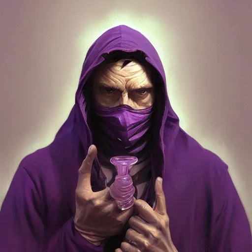 Image similar to ultra realistic illustration, man in a black hood, in a striped purple balaclava, mysterious, highly detailed, digital painting, artstation, concept art, smooth, sharp focus, illustration, art by artgerm and greg rutkowski and alphonse mucha