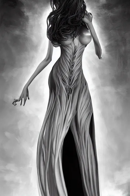 Image similar to ultra realist soft painting of a single beautiful princess in a full long curvy slim dress, thin long auburn hair, very intricate details, volumetric black and white lighting, symmetry accurate anatomy features, world of Lovecraft background, unreal render