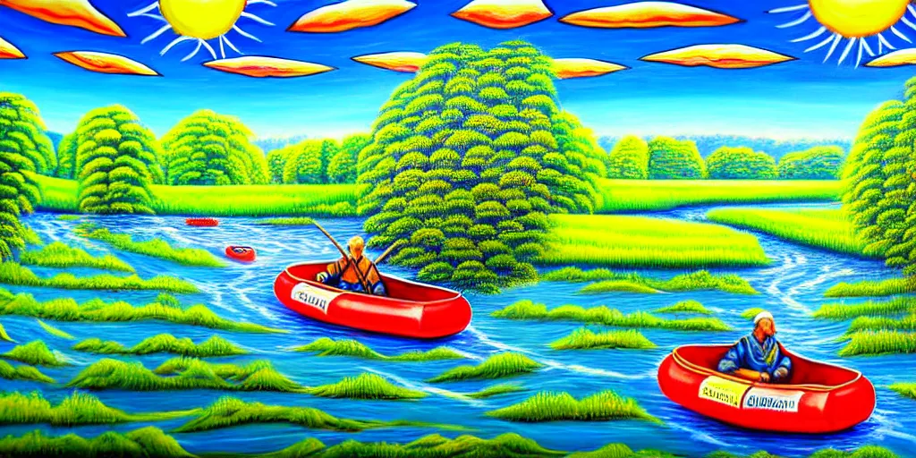 Image similar to A very detailed painting in the style of featuring a river in Europe surrounded by trees and fields. A rubber dinghy is slowly moving through the water. Sun is shining. Psychodelic painting