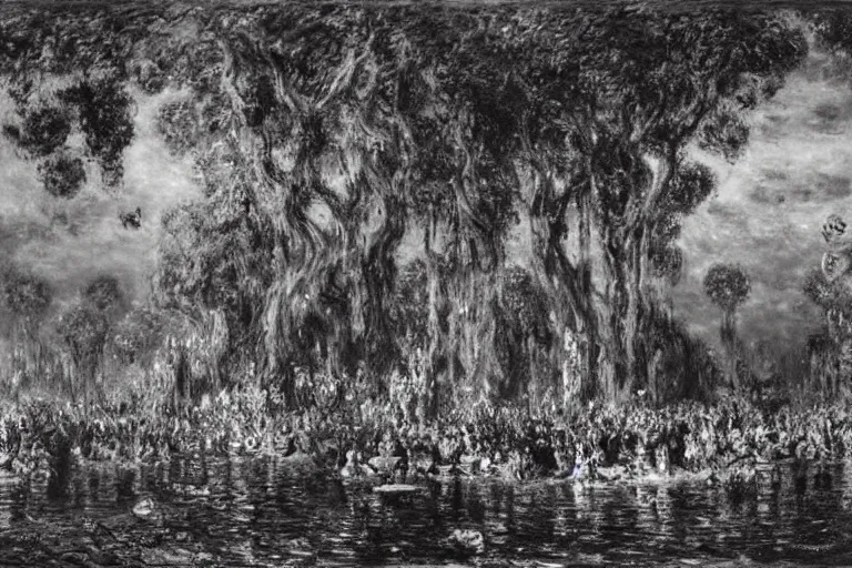 Image similar to a kingdom of excess and lavish life by gustave dore by claude monet