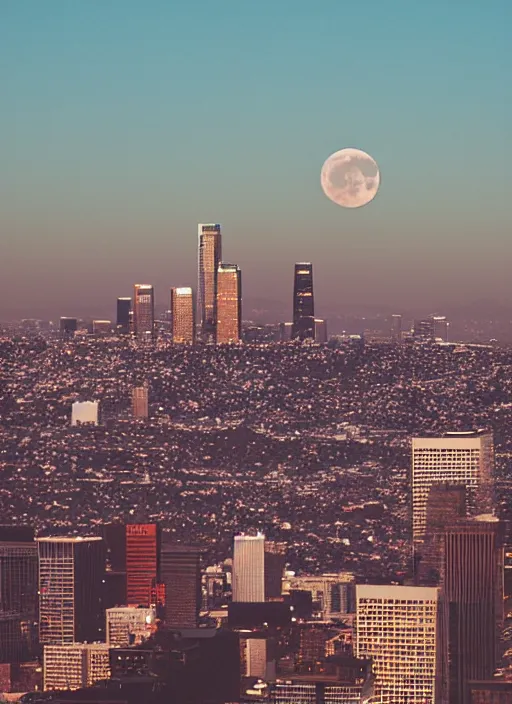 Image similar to the moon hangs low in the sky over downtown los angeles, dusk, photography, cinematic, tarantino, 7 0 mm film