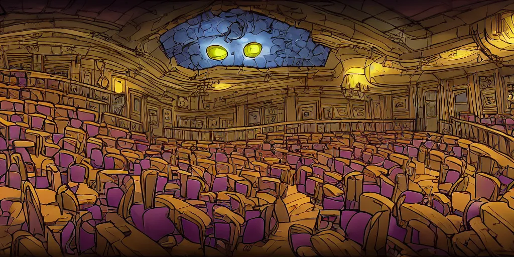 Image similar to a dimly lit, theater hall, 3 doors, 1 staircase, day of the tentacle style, drawn by Peter Chan, fish eye