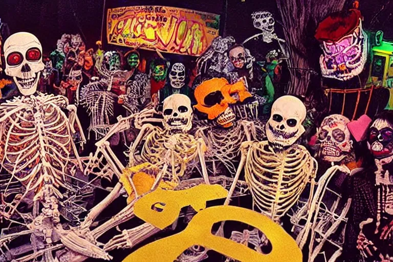 Image similar to scene from fear and loathing in las vegas, day of the dead, cyber skeleton, neon painting by otto dix