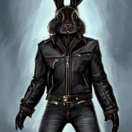 Prompt: A bunny with a small head wearing a fine intricate leather jacket and wearing fine intricate leather jeans and leather gloves wearing a leather collar, trending on FurAffinity, energetic, dynamic, digital art, highly detailed, FurAffinity, high quality, digital fantasy art, FurAffinity, favorite, character art