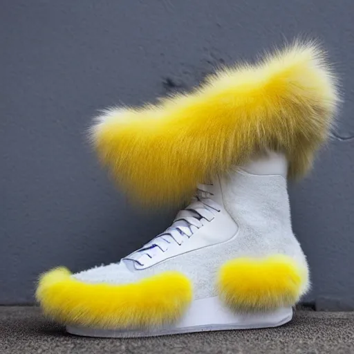 Image similar to nike shoe made of very fluffy yellow pikachu faux fur placed on reflective surface, professional advertising, overhead lighting, heavy detail, realistic by nate vanhook, mark miner