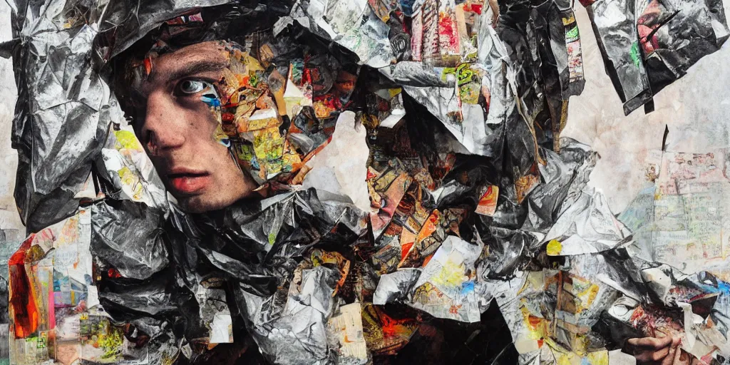 Image similar to travis scot with a trash bag on his head, collage paper and tape, acrylic on canvas, hyperrealism mixed with expressionism, high resolution, smooth shading, cinematic, unreal 6 breathtaking detailed, by blake neubert