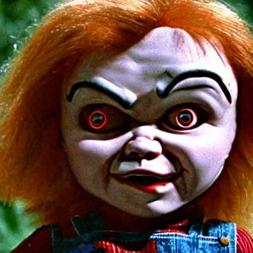 Prompt: Chucky the killer doll from the movie Child's Play standing in the yard