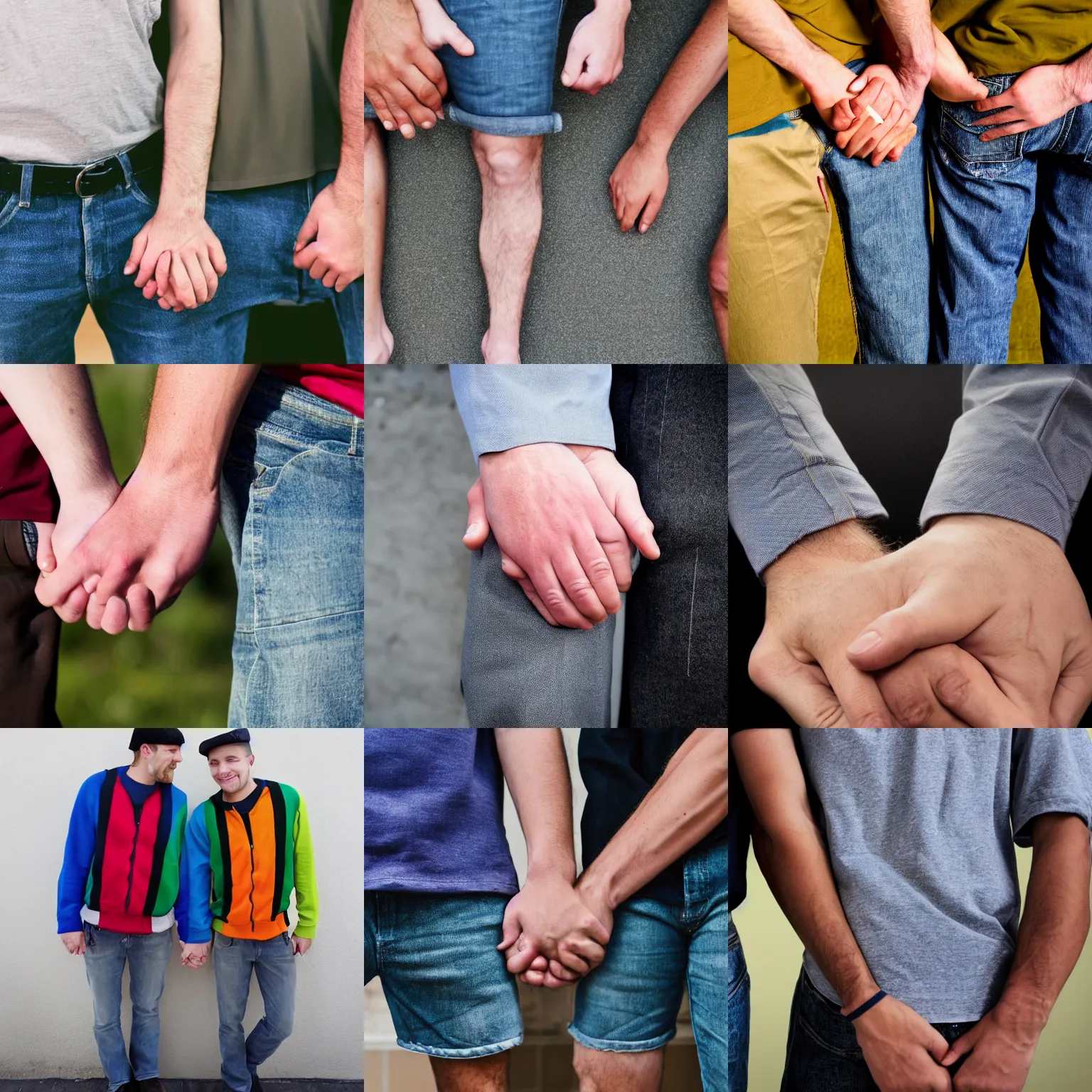 Prompt: 2 gay men holding hand by keith herring. fully clothed. hd