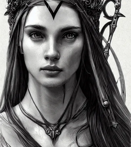 Image similar to beautiful aphrodite goddess wearing an arrow on her head, realistic face, beautiful eyes, black and white drawing, in the style of greg rutkowski, fantasy, amazing detail, epic, intricate, elegant, smooth, sharp focus