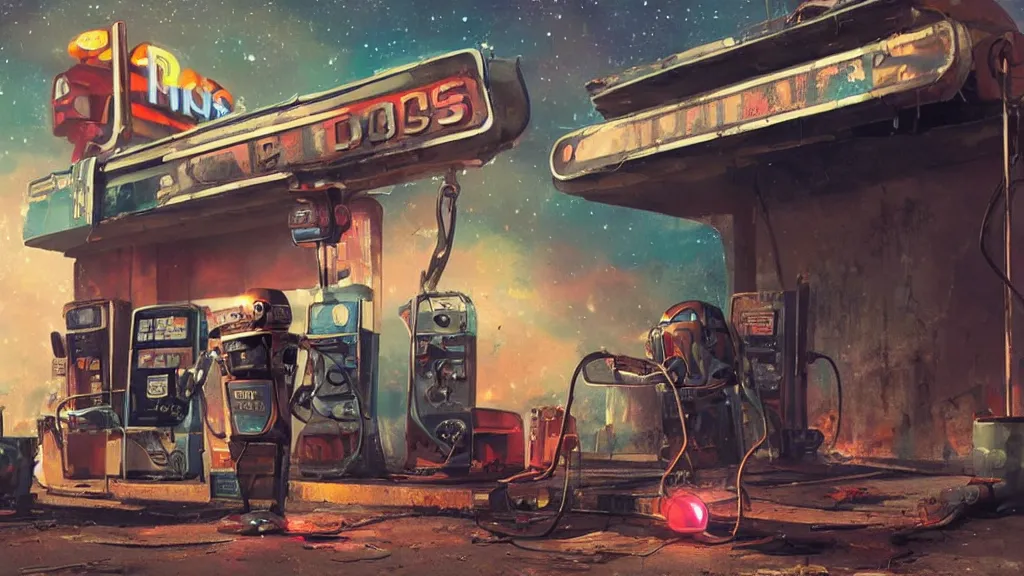 Prompt: A 1960s robot! on couch in front of a rusted! gas station. The stars! of the Milky Way shine above a broken neon sign realistic, raytracing, 8K glow, fantasy concept art by Greg Rutkowski