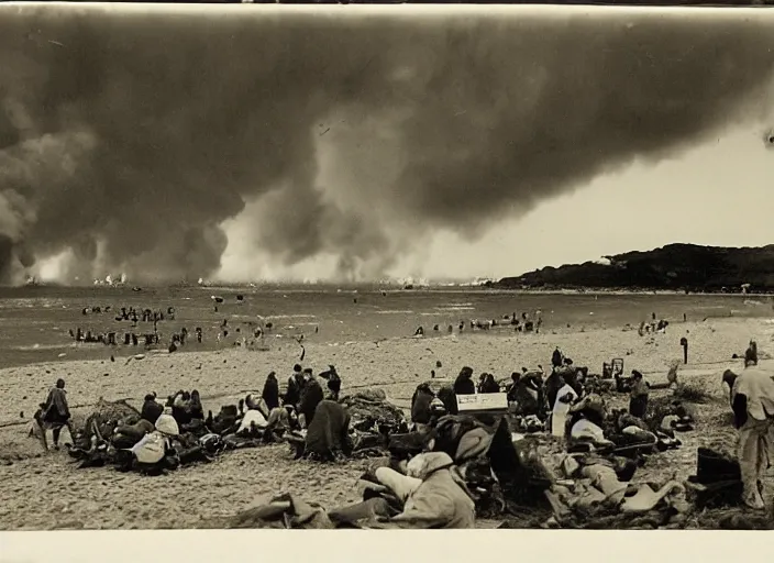 Image similar to vintage photo of a pizza party on omaha beach in normandy with explosions and battle in the background