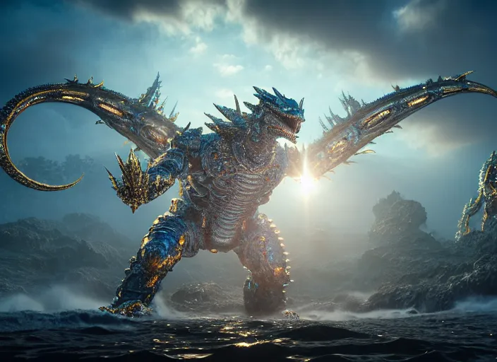 Prompt: ornate pacific rim kaiju, white pearlescent, chrome, iridescent metals, liquid gold, biomechanical garment, cinematic, crystalline masterpiece diamond incrustations, hyperdetailed metalwork, in volumetric soft glowing mist by erik johansson full frame mirrorless sensor, movie still, octane render, pixar, crepuscular rays,