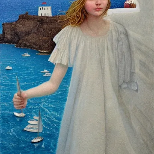 Image similar to Elle Fanning waking through Santorini, ocean, head and shoulders, extremely detailed masterpiece, illustration, by Michael Sowa,