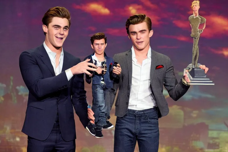Image similar to studio photograph of zac efron holding a miniaturized tom holland in one hand and a miniaturized robert pattison in his other hand looking very confused