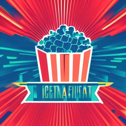 Image similar to vector futurist style logo for with a popcorn on fire with mirrorshades, clean composition, symmetrical