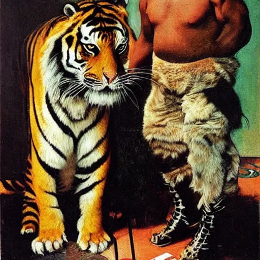 Prompt: shredded physique portrait furry orange striped Mike tyson the champion disguised as a tiger wearing a black vest robert rauschenberg norman rockwell greg rutkowski giorgio de chirico