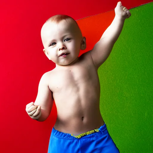 Image similar to a very muscular baby, gym, ripped, high contrast photography