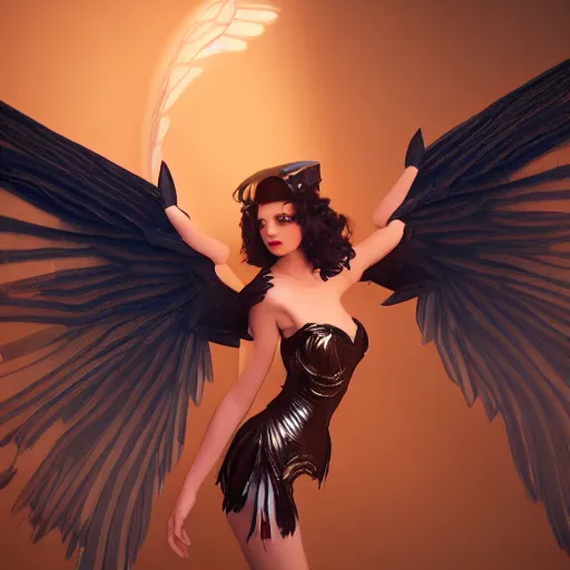 Image similar to fantasy angel with wings inspired avant - garde art, deco fashion, highly detailed, photorealistic portrait, bright studio setting, studio lighting, crisp quality and light reflections, unreal engine 5 quality render