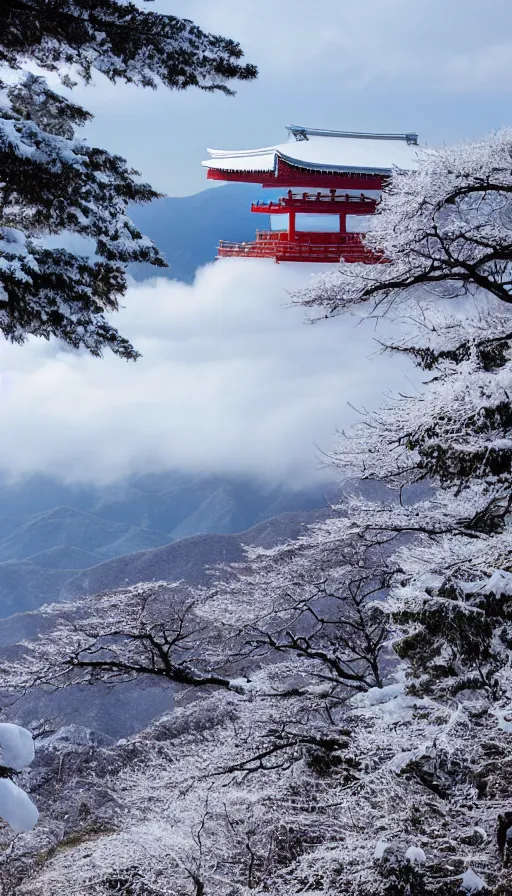 Image similar to a shinto shrine atop a mountain,snowy,beautiful,nature,distant shot,isometric