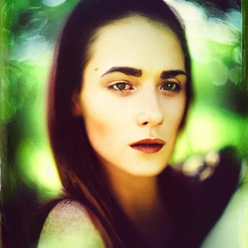 Image similar to portrait of a very pretty woman! symmetric face, a polaroid photo, petzval lens. featured on flickr, art photography, photo taken with provia, photo taken with ektachrome