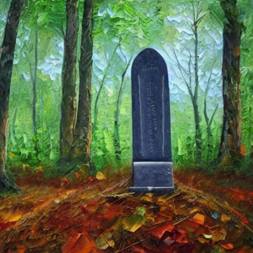 Prompt: beautiful oil painting of a single tombstone in a forest, beautiful sunny day