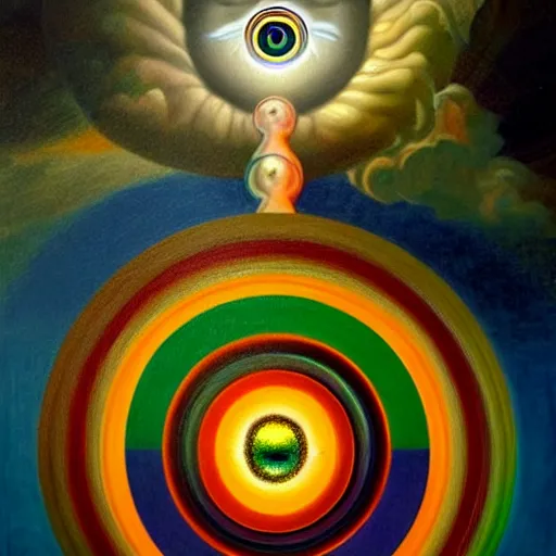 Image similar to painting of rainbow ophanim surrounded by large diagonally rotating rings, ophanim has bird wings, giant eyeball in the middle of the ophanim, by roberto ferri, amazing details, mythological, biblical, beautiful composition