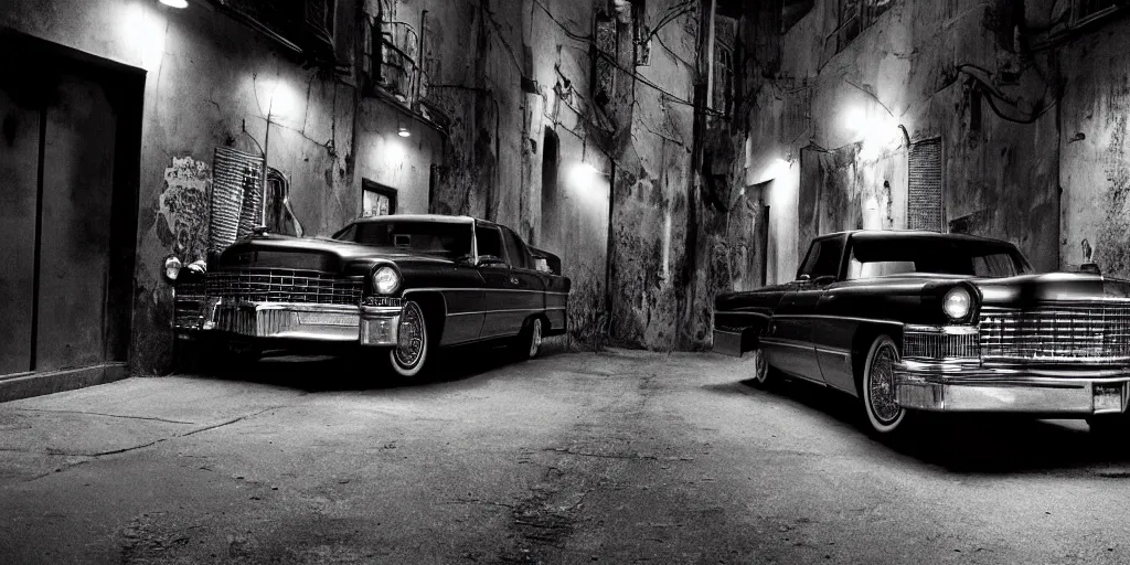 Image similar to a widescreen photo of a old dubbledecker cadillac in a dark alley, low light, by steve mccurry