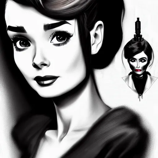 Prompt: in the style of diego fazio, artgerm, beautiful audrey hepburn, steampunk, elegant pose, middle shot, spooky, symmetrical face symmetrical eyes, three point lighting, detailed realistic eyes, short neck, insanely detailed and intricate elegant