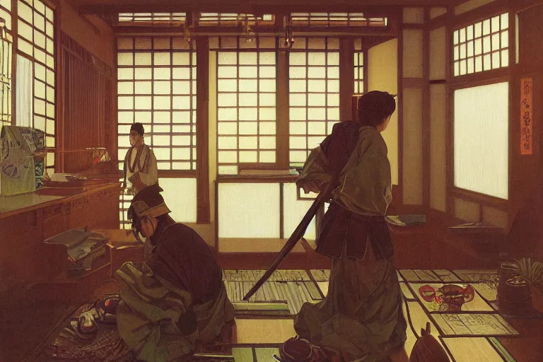 Prompt: japanese samurai working in a 6 0'office, late afternoon by tsviatko kinchev, makoto shinkai, linda wilder, alphonse mucha, oil painting, ultra detailed