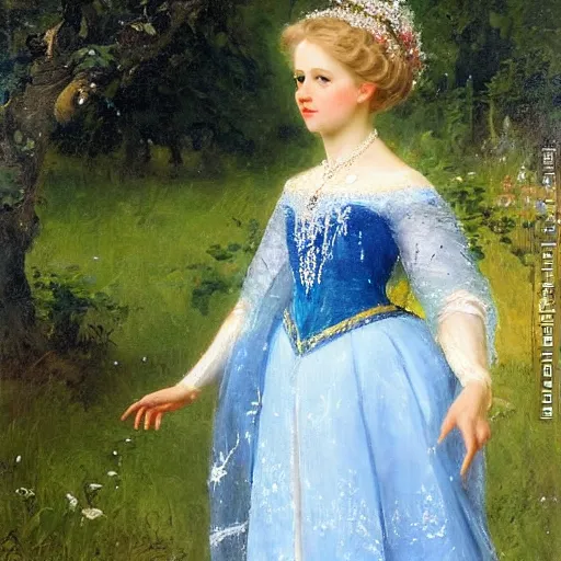 Image similar to portrait of princess elsa outside in an orchard, painted by nikolay makovsky, detailed