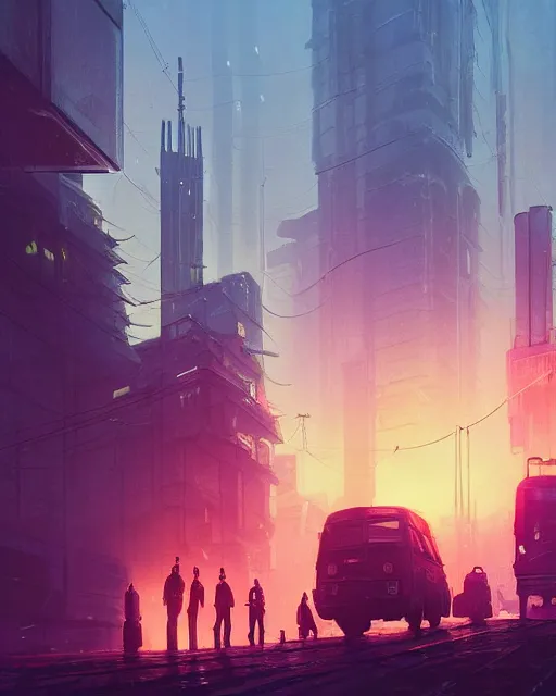 Prompt: painting of dystopian cyberpunk london, by simon stalenhag, cory loftis, james gilleard, atey ghailan, makoto shinkai, goro fujita, studio ghibli, rim light, exquisite lighting, clear focus, very coherent, plain background, soft painting