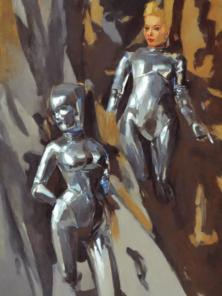 Prompt: a Royal portrait of chrome android woman as illustrated by Gregory Manchess. 1991. Oil on panel. Museum Quality Scan.