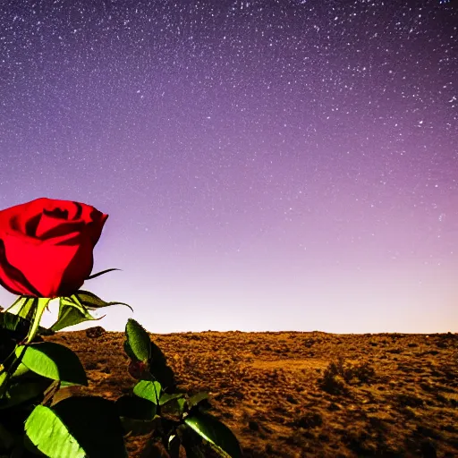 Image similar to a red rose is growing in the middle of the desert. beautiful starry sky can be seen in the background. 8 5 mm shot.