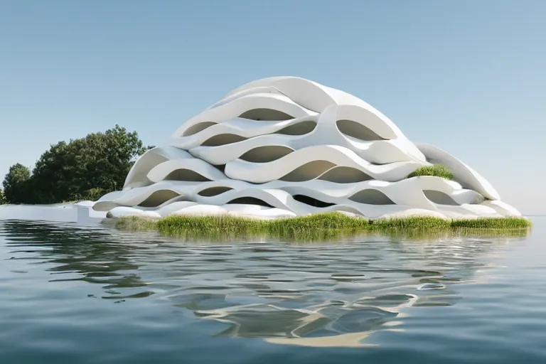 Image similar to a building formed by many multi - white egg - shaped spaces arranged and combined. on the calm lake, people's perspective