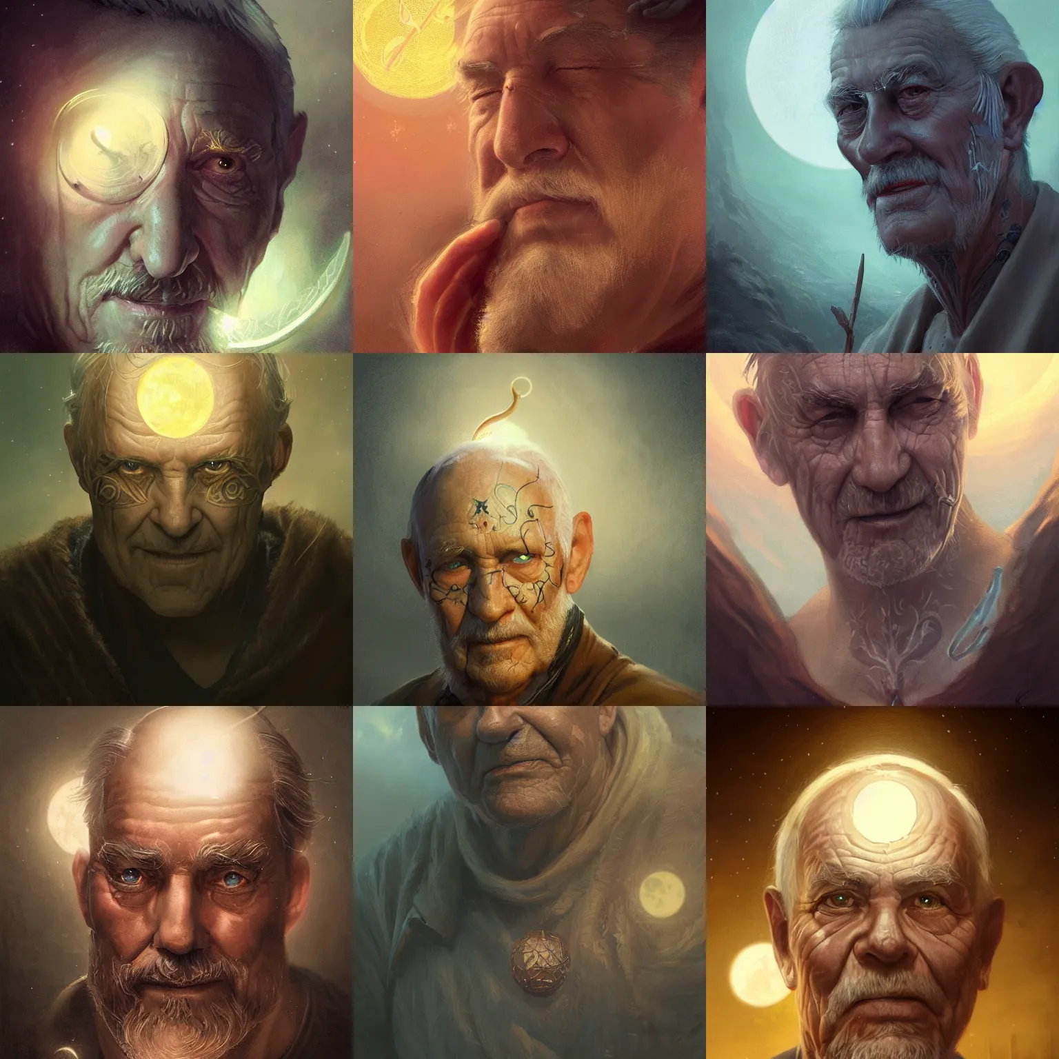Prompt: close detail portrait old male with musical rune face Tattoos, mystical, digital fantasy art, hands straight down, float under moon light at night, at late evening by greg rutkowski and thomas kinkade, Trending on artstation