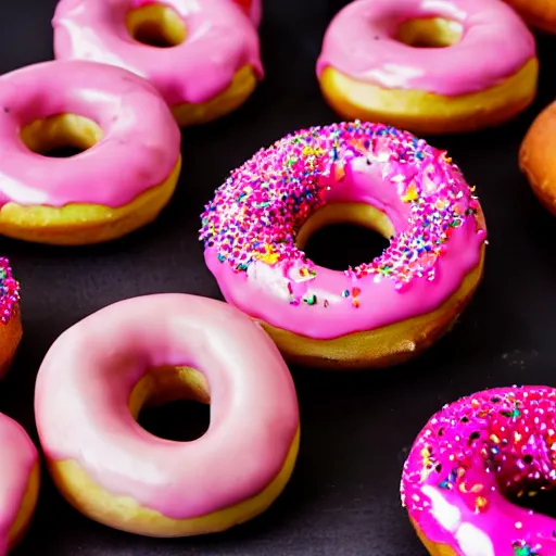 Prompt: a delicious pink donut with sprinkles