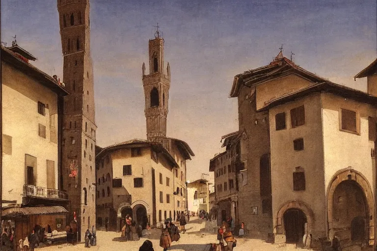 Image similar to florence old street in 1 6 th century with a tower in background by hiroshi yoshida, trending on artstation