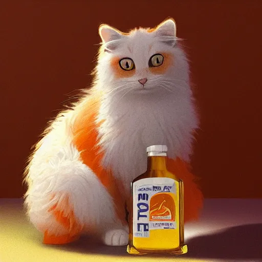 Prompt: a fluffy cat standing next to a bottle of medicine. orange cat. the cat was in a room with yellow background color. animal. digital art. artstation. realistic. vibrant. illustration. in the style of pixar movie. octane render. art by artgerm and greg rutkowski and alphonse mucha.