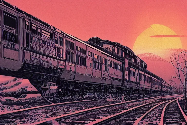 Image similar to trans - siberian express train illustration by joe fenton and syd mead and p. craig russell and barry windsor - smith, artstation, 4 k, graphic novel, concept art, matte painting, beautiful russian winter landscape sunset background, golden hour, art nouveau